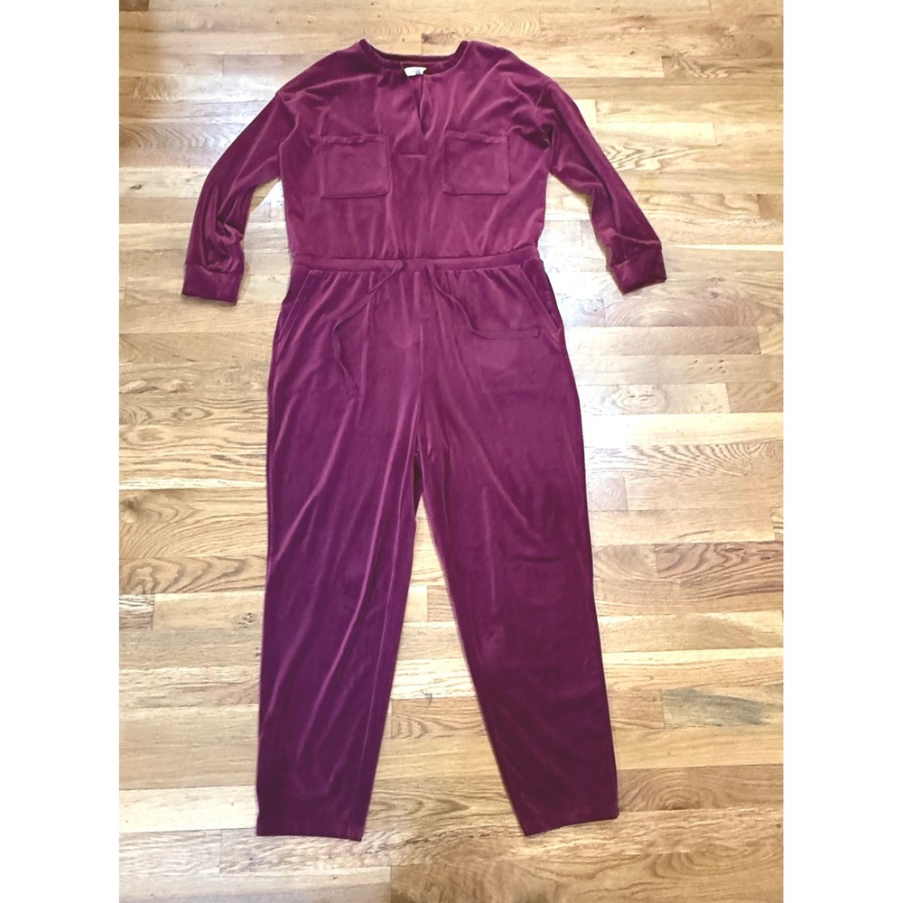 Lou & Grey for LOFT Burgundy Velour Long Sleeve Jumpsuit Large Drawstring Waist